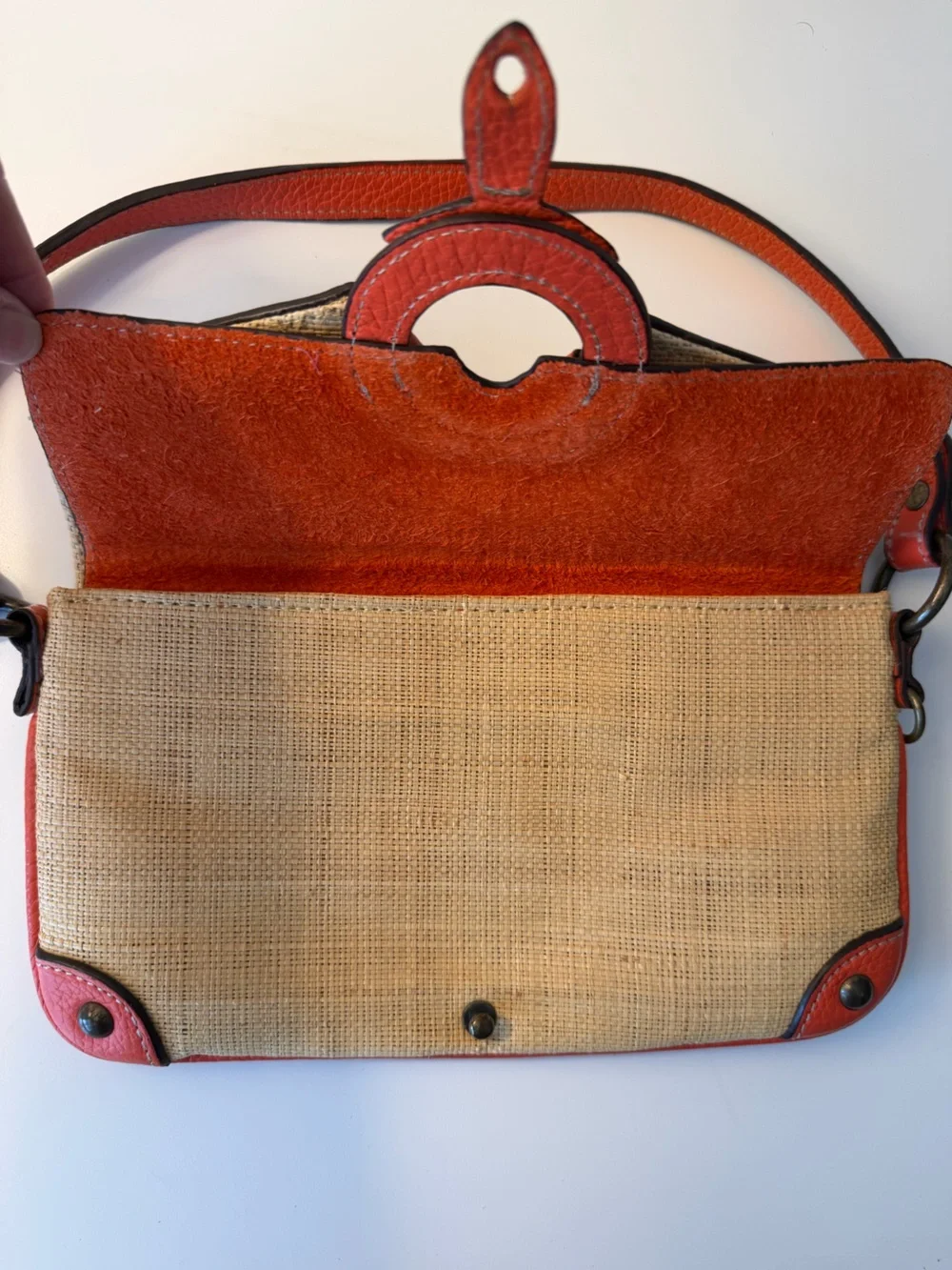 J Crew Woven Straw Shoulder Bag with Orange Leather Trim